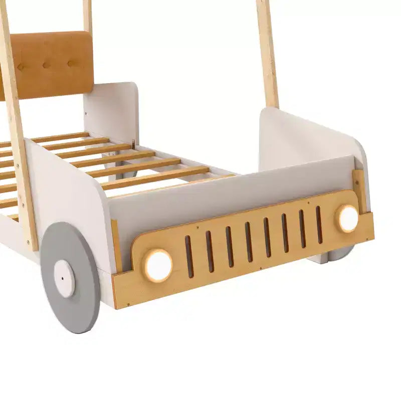 Whisen-Holzbett in Autoform mit Kissen, Deckenstoff und LED – Natur