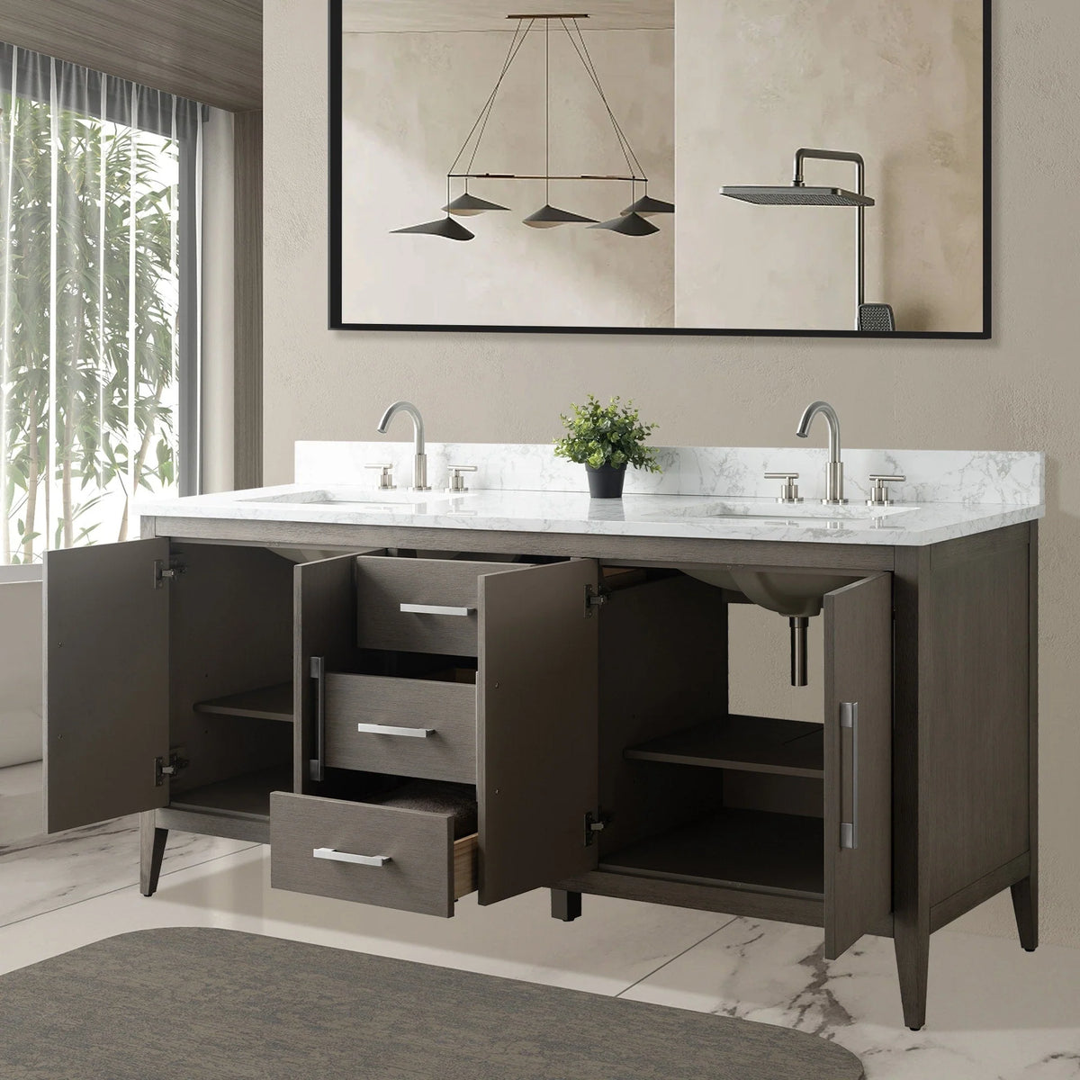 Vanity Art 72 Badezimmer-Waschtischunterschrank mit Doppelwaschbecken und Oberfläche aus Kunstmarmor
