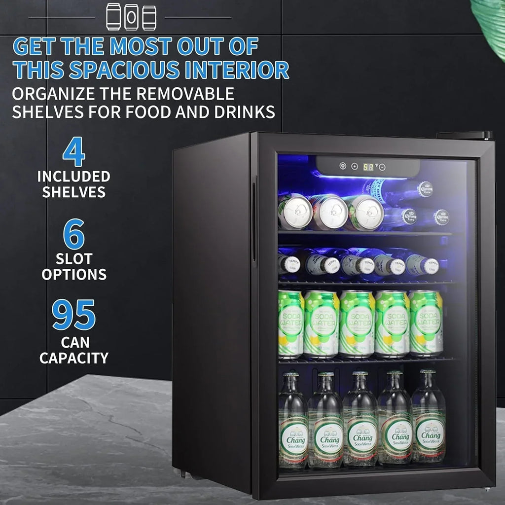Mini-Kühlschrank für 100 Dosen, Getränkekühlschrank und Weinkühler mit transparenter Glastür und Touchscreen – 2,6 cu. ft.