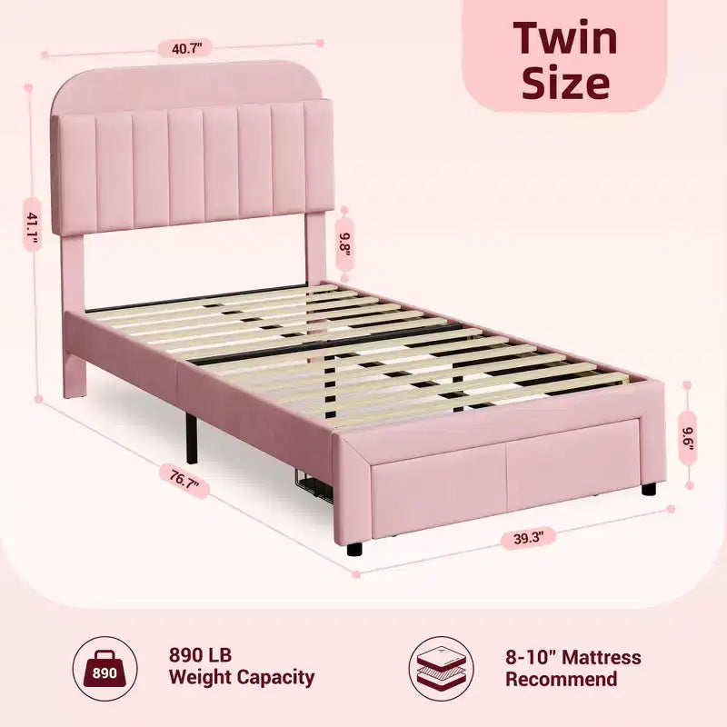 Bedframe voor 2 eenpersoonsbedden met opbergladen en hoofdbord, fluweel bekleed, laag model, geluidloos, eenvoudig te monteren, roze