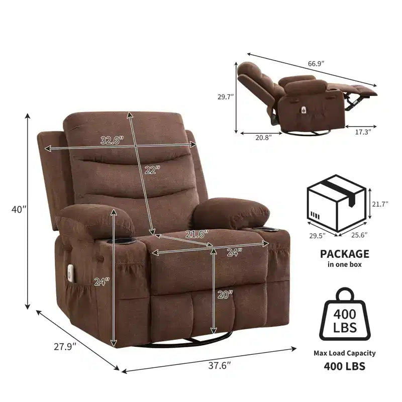Fauteuil inclinable à bascule pivotant à 360° grand format avec massage et chauffage – fauteuil lounge ergonomique avec porte-gobelets et poches latérales pour le salon ou la chambre d’enfant