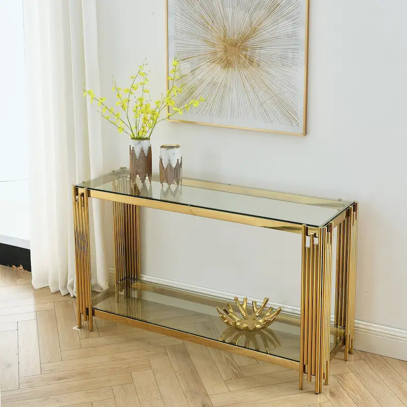 Narrow 2-tier Console Table with Gold Finished Metal Frame and Tempered Glass Top