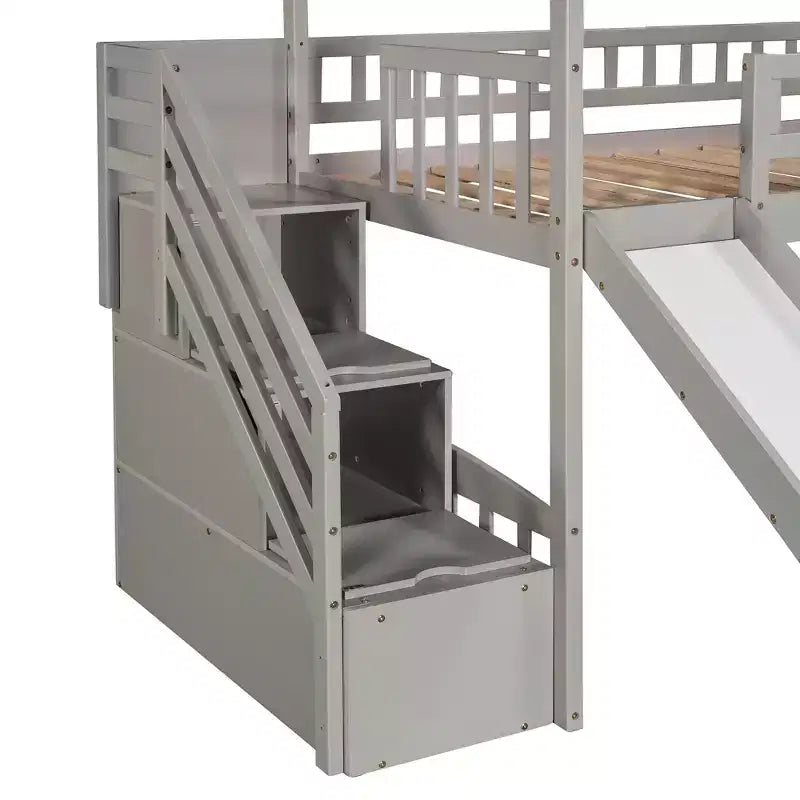 Hochbett in Hausform für zwei Personen mit Rutsche und Treppe, Hochbett mit Stauraumschubladen, Holzhütten-Hochbett für Kinder und Kleinkinder