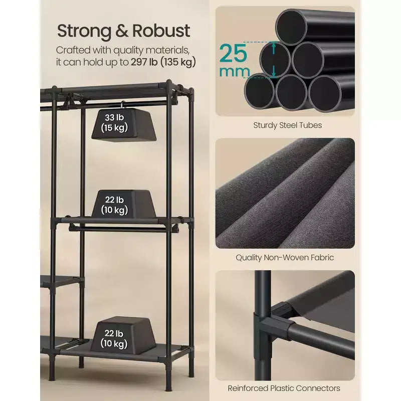 SONGMICS Kleiderständer, robuster Kleiderschrank-Organizer mit Kleiderstangen und Ablagen, Gesamtbelastbarkeit 297 lb, einfache Montage, Tintenschwarz