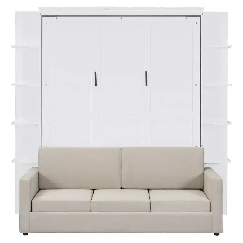Letto a scomparsa matrimoniale Whisen dal design moderno con struttura in legno, divano e ripiani
