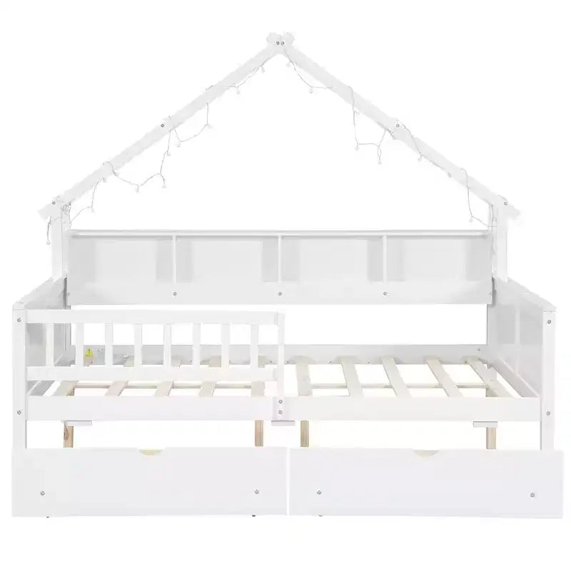 Huisbedframe voor een tweepersoonsbed met laden, huisplatformbed met ledverlichting, opbergplanken en laden, houten dagbed met dak en veiligheidshekje