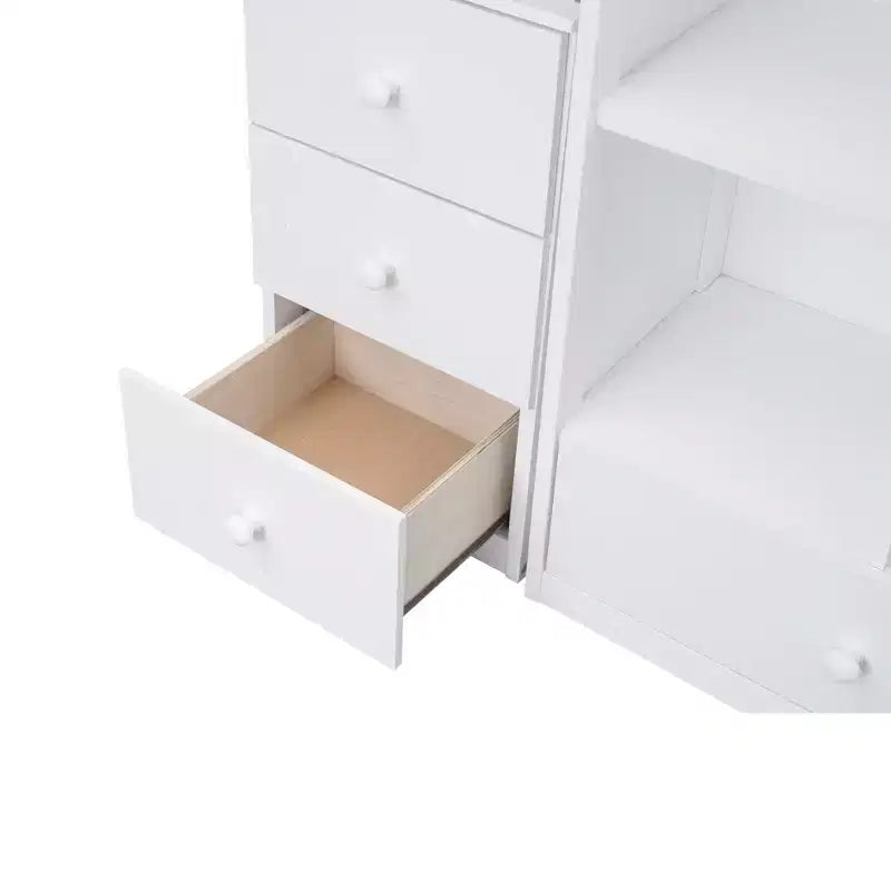 Cama alta de tamanho Twin com secretária em L, 3 gavetas, armário, arrumação nas escadas e estrutura em pinho maciço/MDF