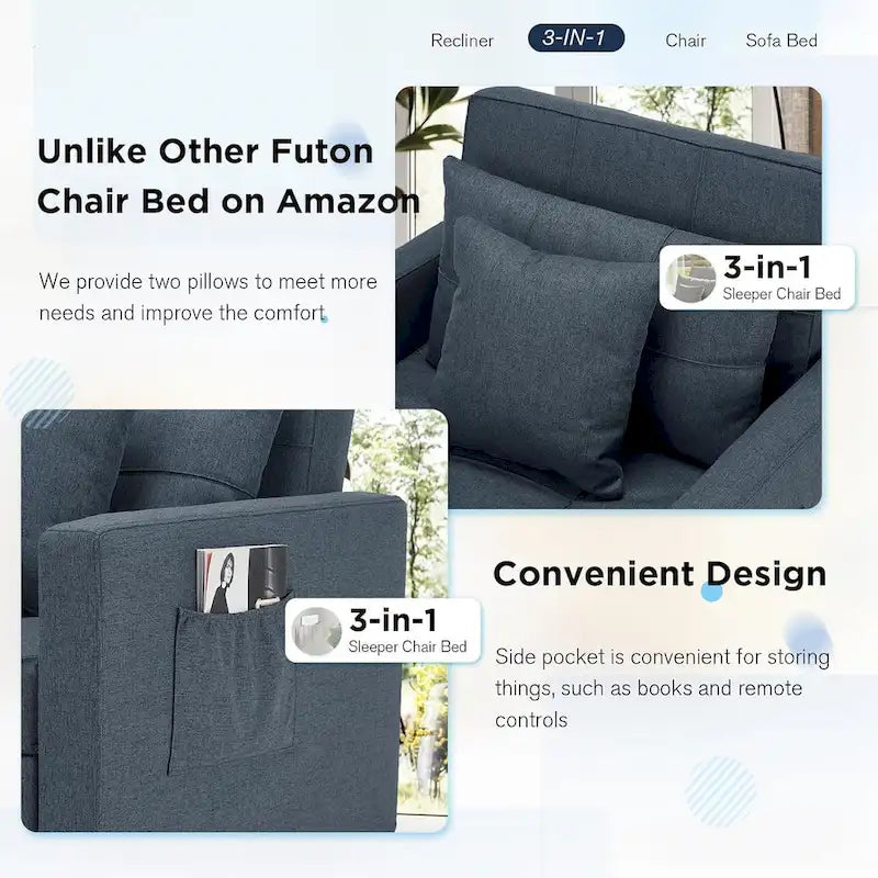 Poltrona letto regolabile, trasformabile 3-in-1, disponibile in più colori, per 1 persona
