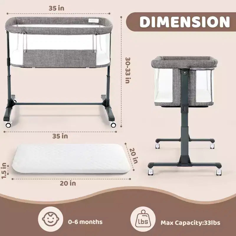 Berço de bebé com rodas - Bege / Cinzento / Cor-de-rosa, berço de cabeceira, para 1 bebé