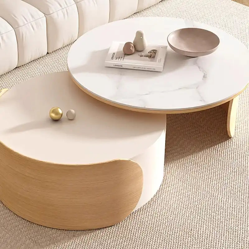 Table basse ronde moderne, plateau en pierre, bois naturel – 50 x 31,5