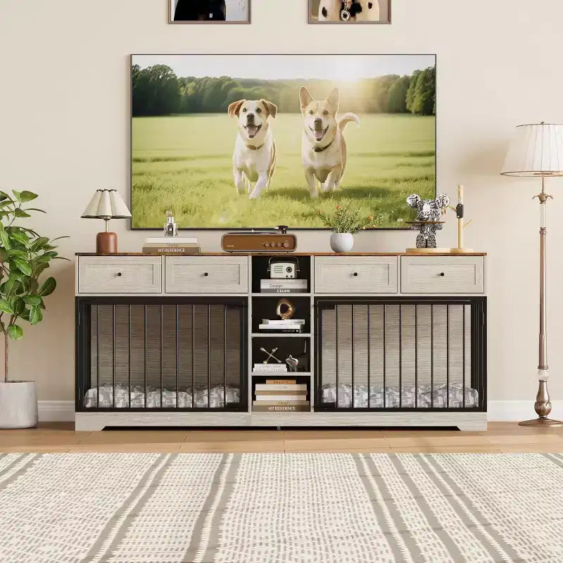 82-delige dubbele hondenbench, grote binnenkennel voor 2 honden, robuuste houten hondenbench en tv-meubel met 4 laden en planken