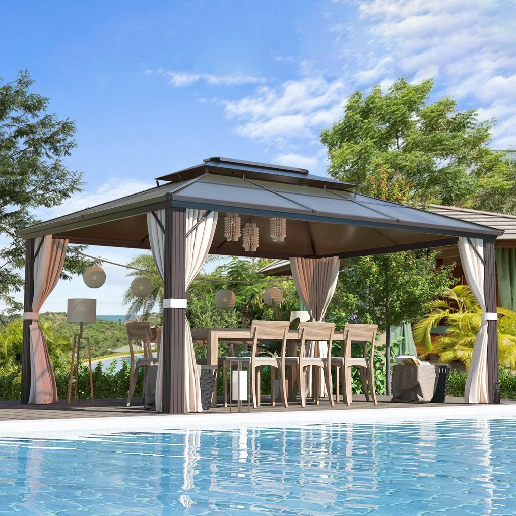 EROMMY prieel met hard dak, pergola voor buiten met dubbel dak, netten en gordijnen, robuuste overkapping voor terras, achtertuin en zwembadfeestjes