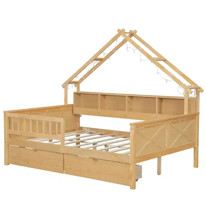 Huisbedframe voor een tweepersoonsbed met laden, huisplatformbed met ledverlichting, opbergplanken en laden, houten dagbed met dak en veiligheidshekje