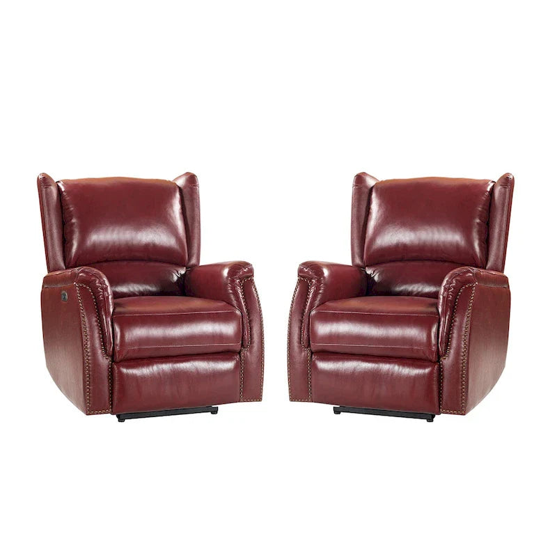 Genuine Leather Power Recliner with USB Port â€?Wingback Nailhead Set of 2