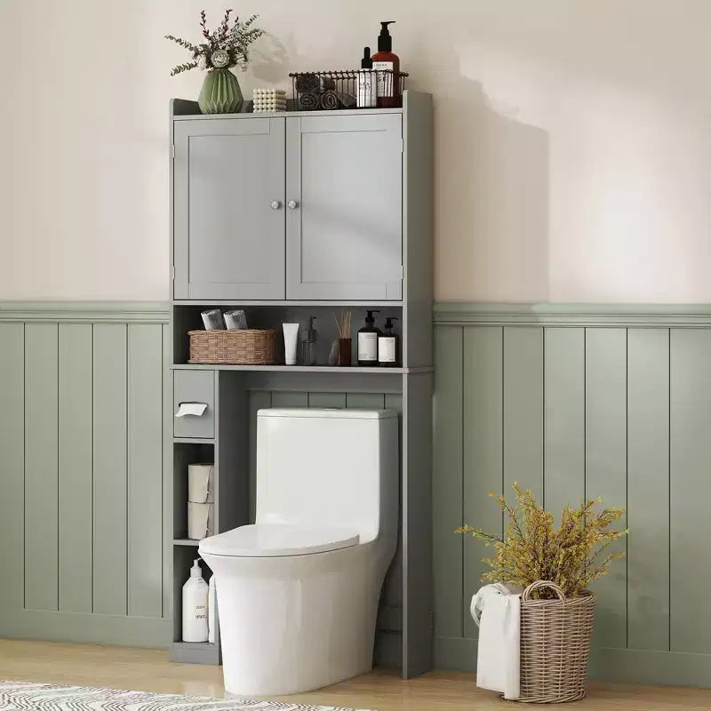 HOMCOM Aufbewahrungsschrank über der Toilette, moderner Badezimmer-Organizer über der Toilette mit 2 Türen und Toilettenpapierhalter, freistehender Platzsparer