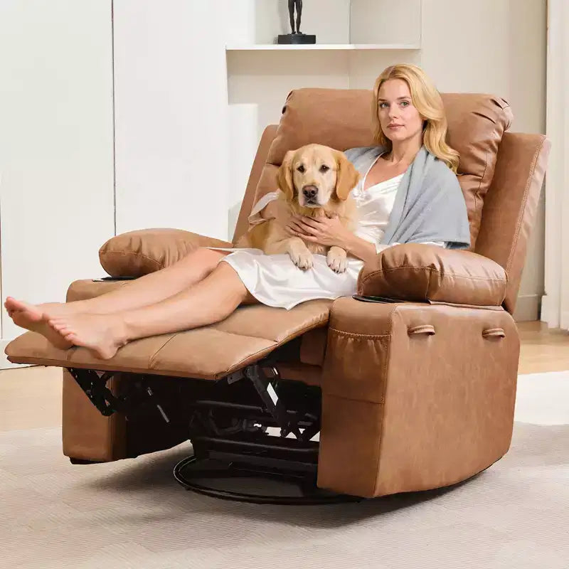 Fauteuil inclinable à bascule pivotant à 360° grand format avec massage et chauffage – fauteuil lounge ergonomique avec porte-gobelets et poches latérales pour le salon ou la chambre d’enfant
