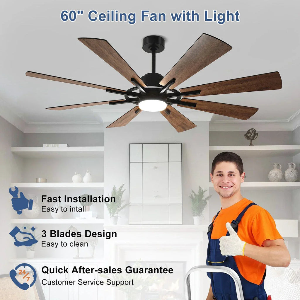 Grand ventilateur de plafond télécommandé avec éclairage et 8 grandes pales en bois