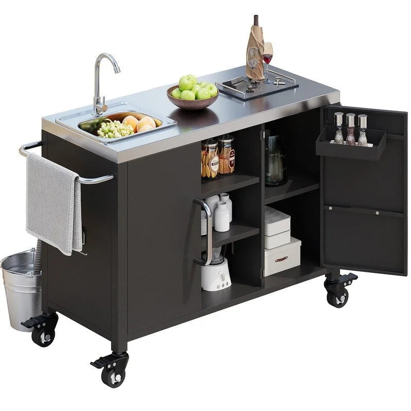 Isola da cucina da esterno con lavello, carrello bar da esterno con stazione lavello e 4 ruote bloccabili
