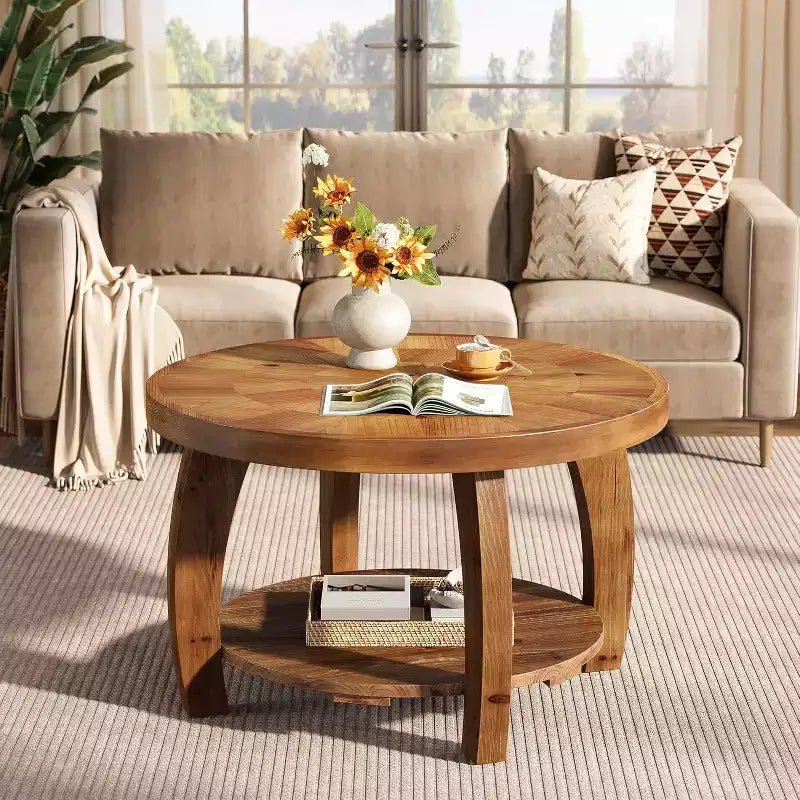 Lantine ronde salontafel van massief hout, 2-laags bijzettafel met opbergruimte, tafelblad van 31,5 inch met mozaïekpatroon, eenvoudige montage, voor de woonkamer, bruin