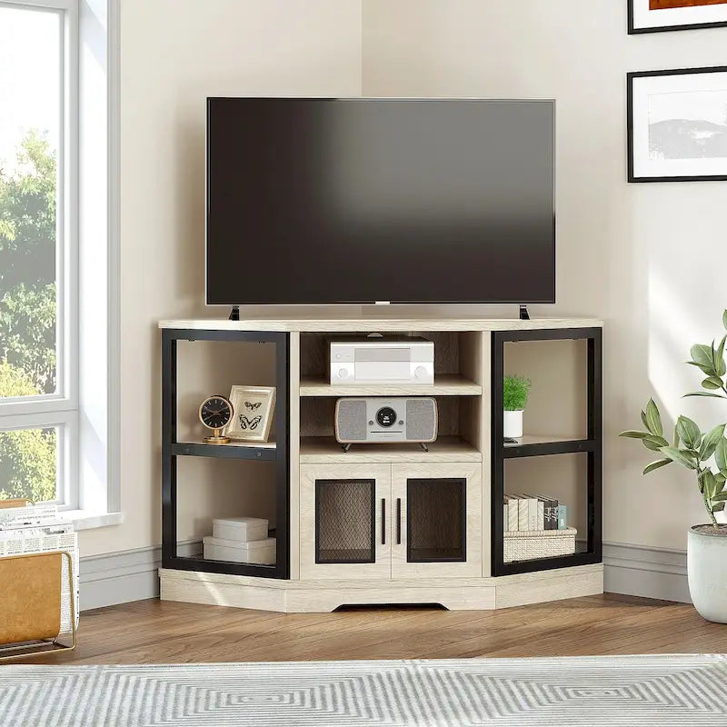 Eck-TV-Ständer im Landhausstil, Entertainment-Center und Medienkonsole für Fernseher bis 55 Zoll mit Steckdose