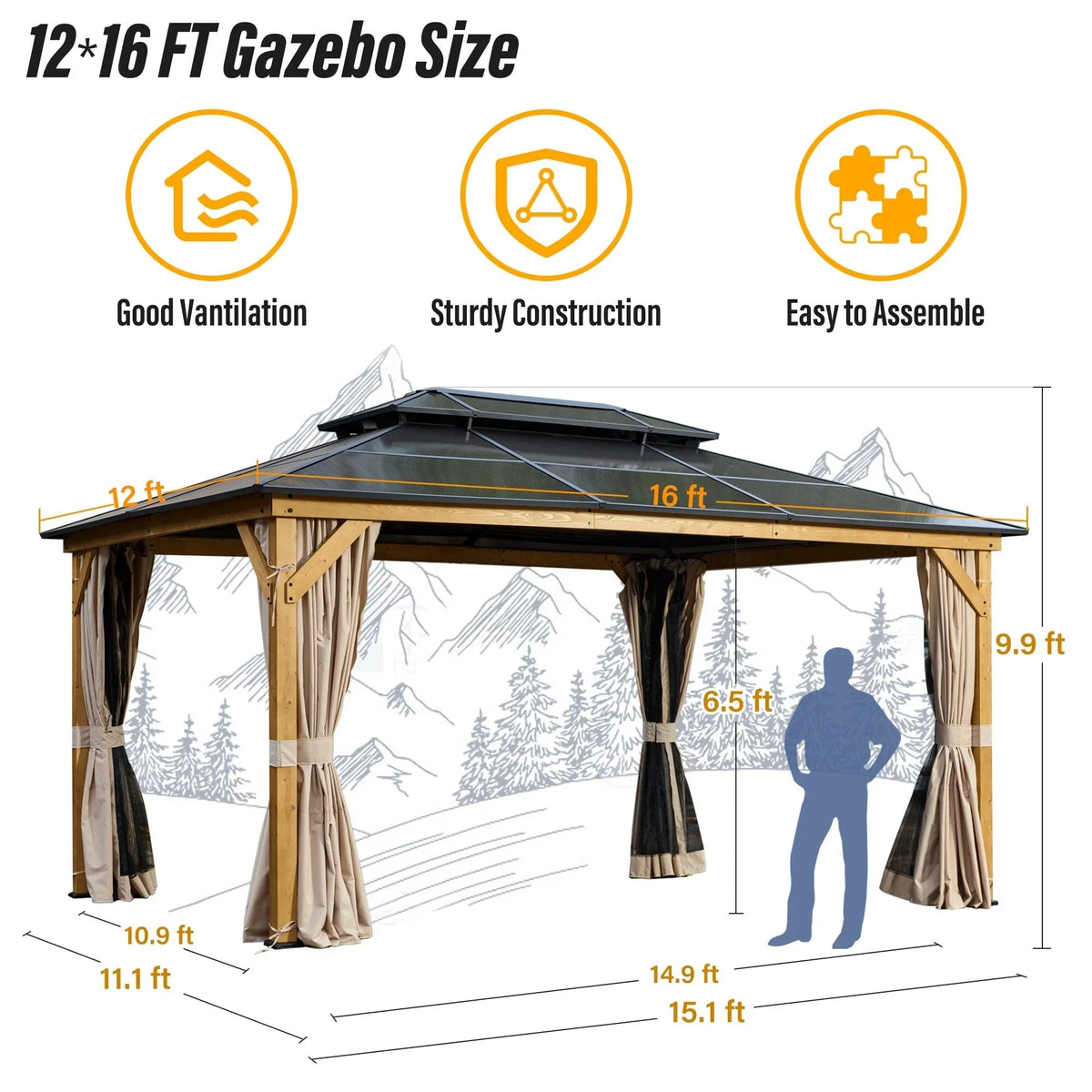 EROMMY prieel met hard dak, pergola voor buiten met dubbel dak, netten en gordijnen, robuuste overkapping voor terras, achtertuin en zwembadfeestjes