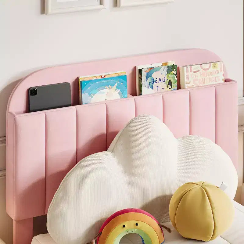 Bedframe voor 2 eenpersoonsbedden met opbergladen en hoofdbord, fluweel bekleed, laag model, geluidloos, eenvoudig te monteren, roze