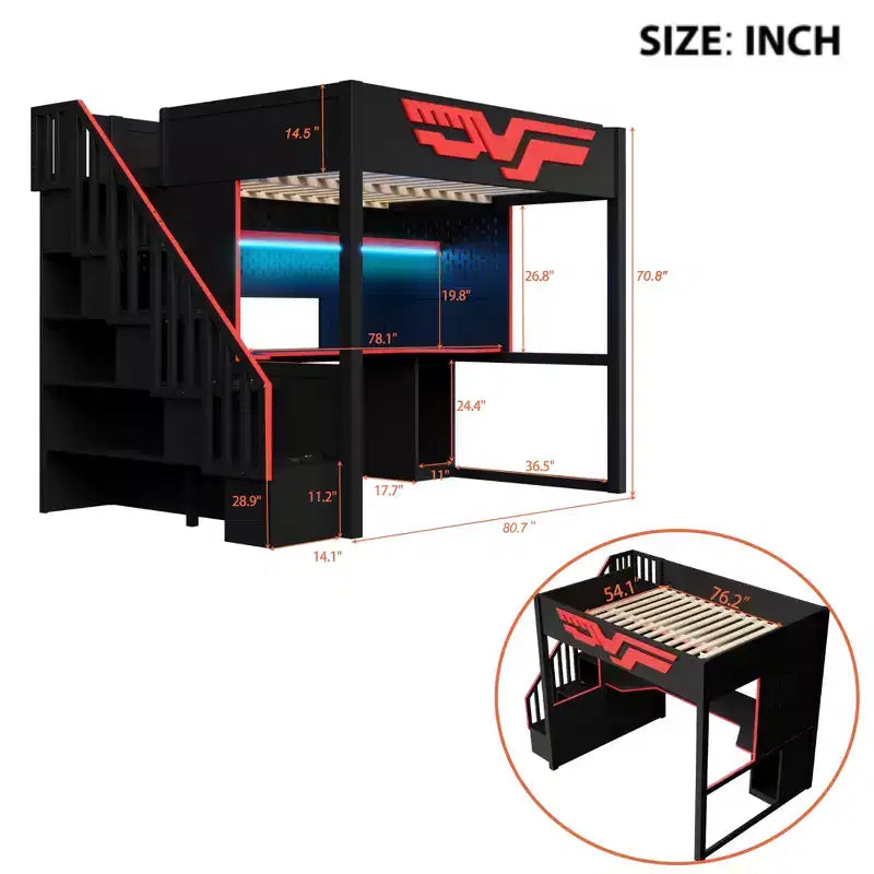 Łóżko na antresoli typu full z biurkiem i oświetleniem LED, drewniane łóżko na antresoli w rozmiarze full ze schodami, miejscem do przechowywania i portem USB, czerwono-czarne