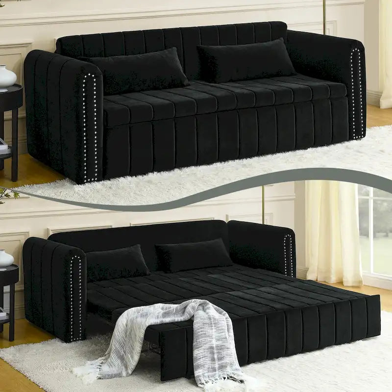 Aksamitna tapicerowana nowoczesna sofa wypoczynkowa z funkcją spania, rozkładana, z podłokietnikami w kształcie wałków i ozdobiona miedzianymi ćwiekami