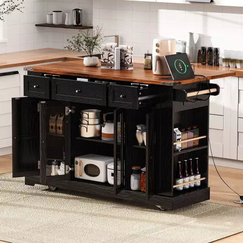 Desserte de cuisine avec portes en verre trempé, rangements latéraux, prise électrique et rallonge rabattable