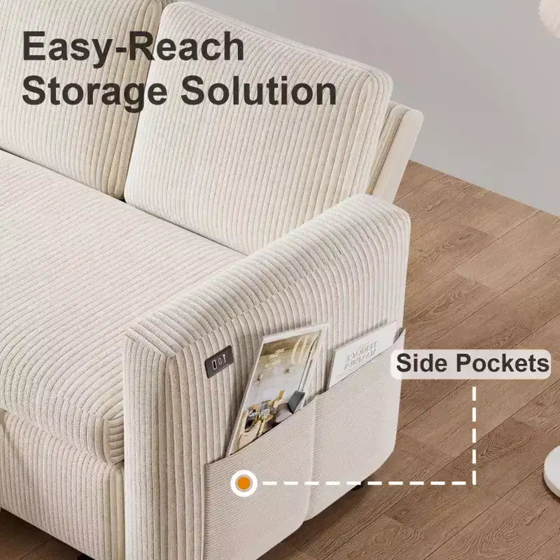 Dyonery Rozkładana sofa 2 w 1 z szezlongiem z pojemnikiem na pościel, sztruksowy narożnik z portami USB do salonu