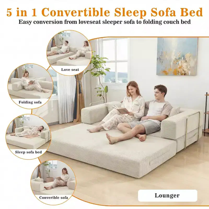 Dyonery 78-calowa rozkładana sofa, modułowa kanapa z sztruksu, 4 w 1, wielofunkcyjny mebel wypoczynkowy typu king-size.