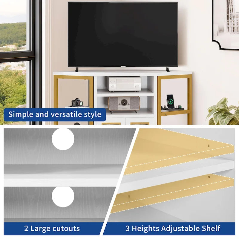 Eck-TV-Ständer im Landhausstil, Entertainment-Center und Medienkonsole für Fernseher bis 55 Zoll mit Steckdose