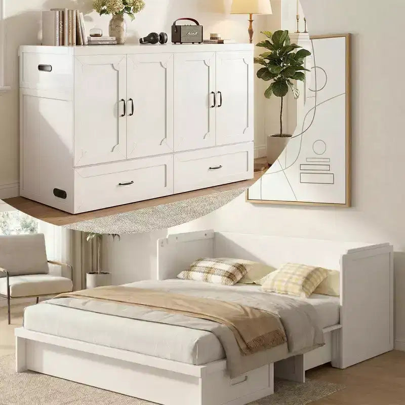 Mjkone umwandelbares Murphy-Schrankbett in Queen-Size mit Matratze, USB-Ladefunktion und Aufbewahrungsschubladen