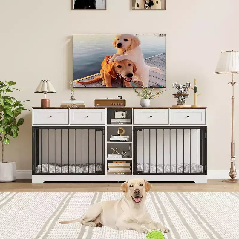 82-delige dubbele hondenbench, grote binnenkennel voor 2 honden, robuuste houten hondenbench en tv-meubel met 4 laden en planken