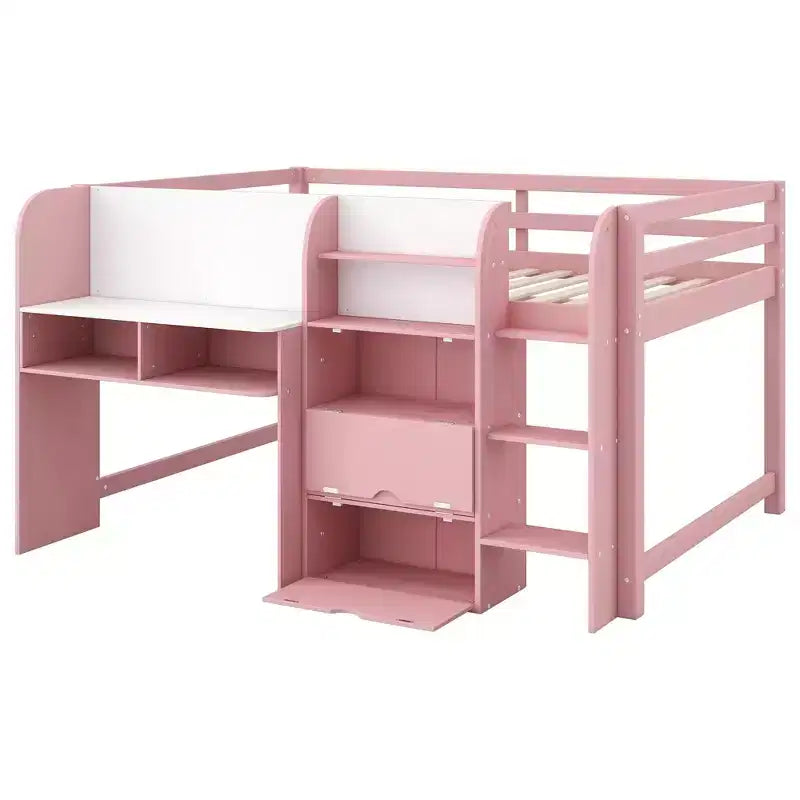 Rosa-weißes Low-Loft-Bett mit Schreibtisch, Stauraum und Whiteboard - Einzelbett, 1 Person