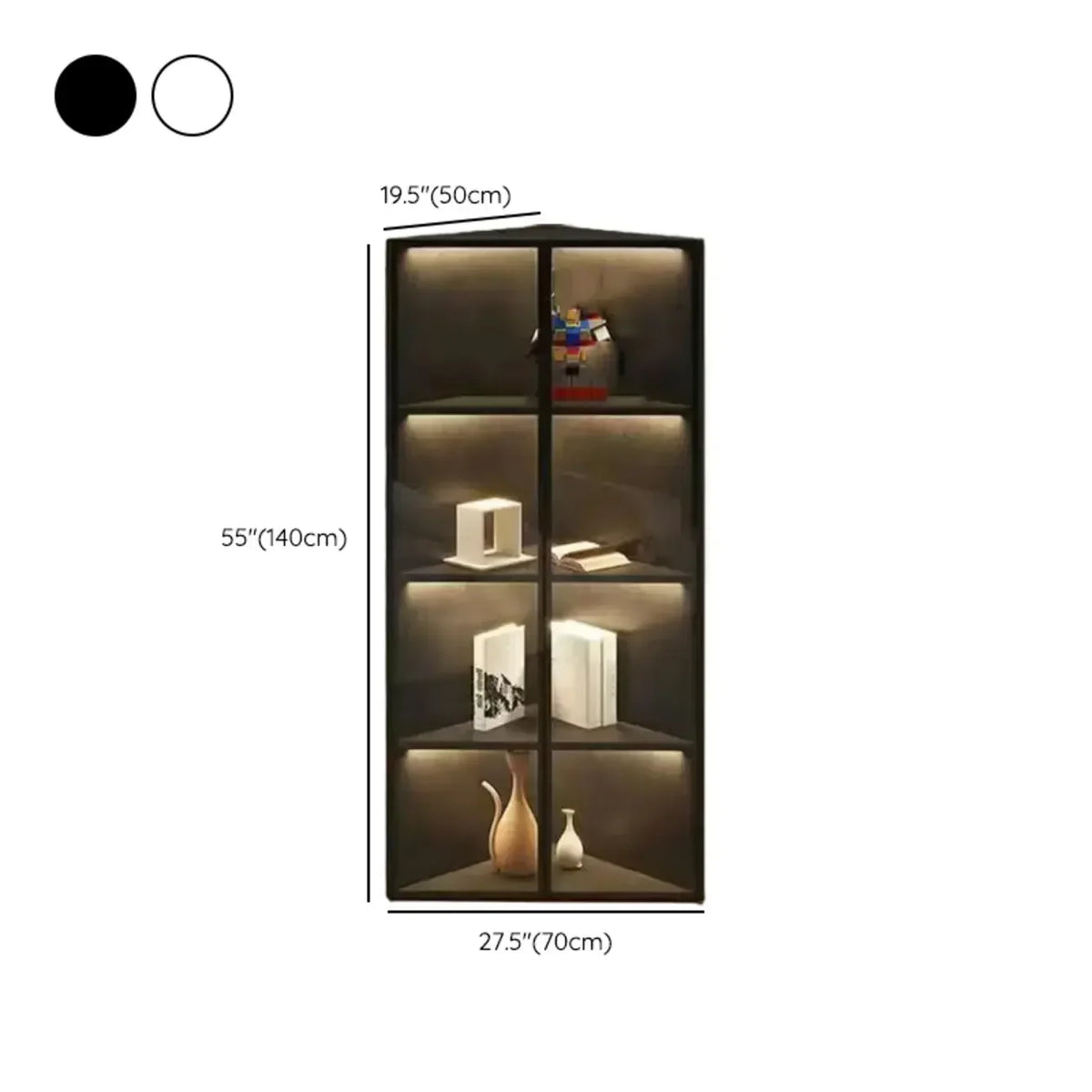 Vitrine de canto moderna em metal e madeira cinzenta com porta de vidro