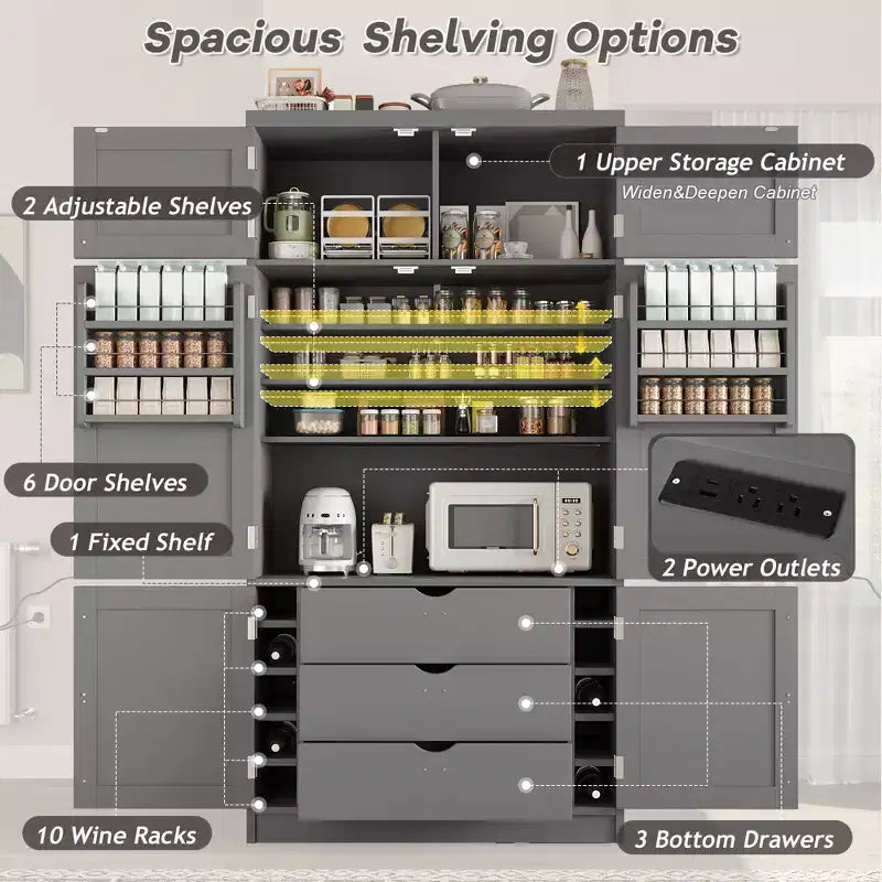 Armoire garde-manger haute pour cuisine avec prises électriques, grand placard autoportant avec support pour micro-ondes, tiroirs, étagères, porte-bouteilles et étagères intégrées à la porte