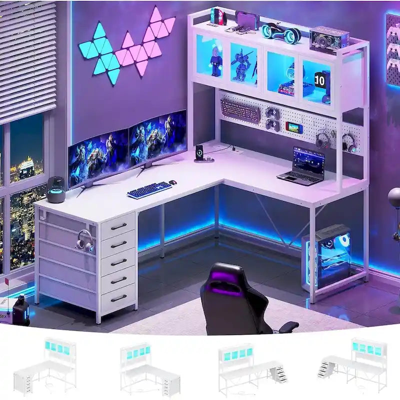 L Shaped Gaming Desk Computer Desk Pegboard 5 Drawers Storage Shelf