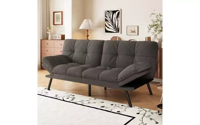 Rozkładana sofa typu futon z regulowanym oparciem i zdejmowanymi podłokietnikami