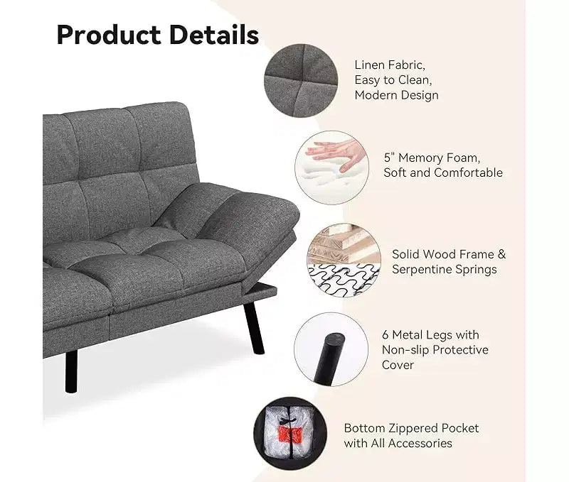 Rozkładana sofa typu futon z regulowanym oparciem i zdejmowanymi podłokietnikami