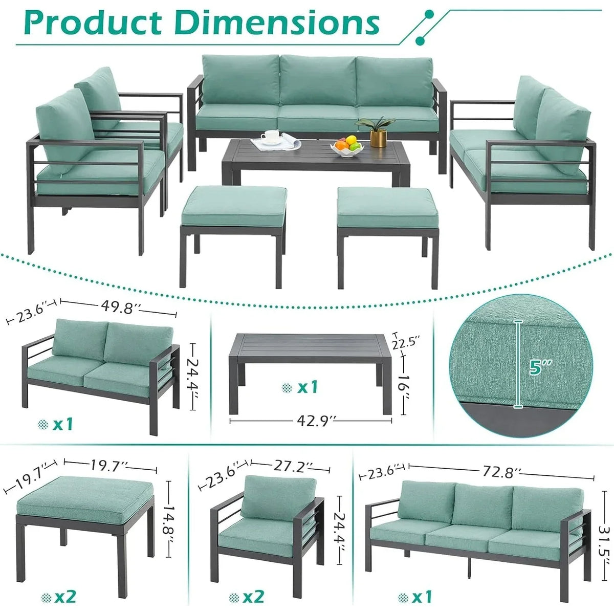 Ensemble de mobilier de terrasse en aluminium AECOJOY de 7 pièces, ensemble extérieur pour la conversation