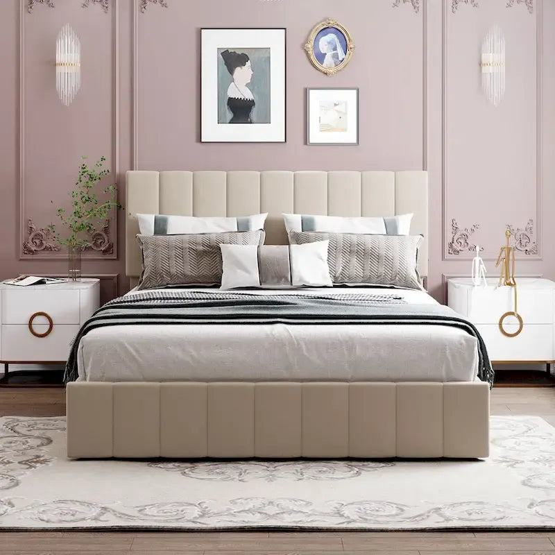 Polsterbett in Queen-Size-Größe mit hydraulischem Stauraumsystem – Beige