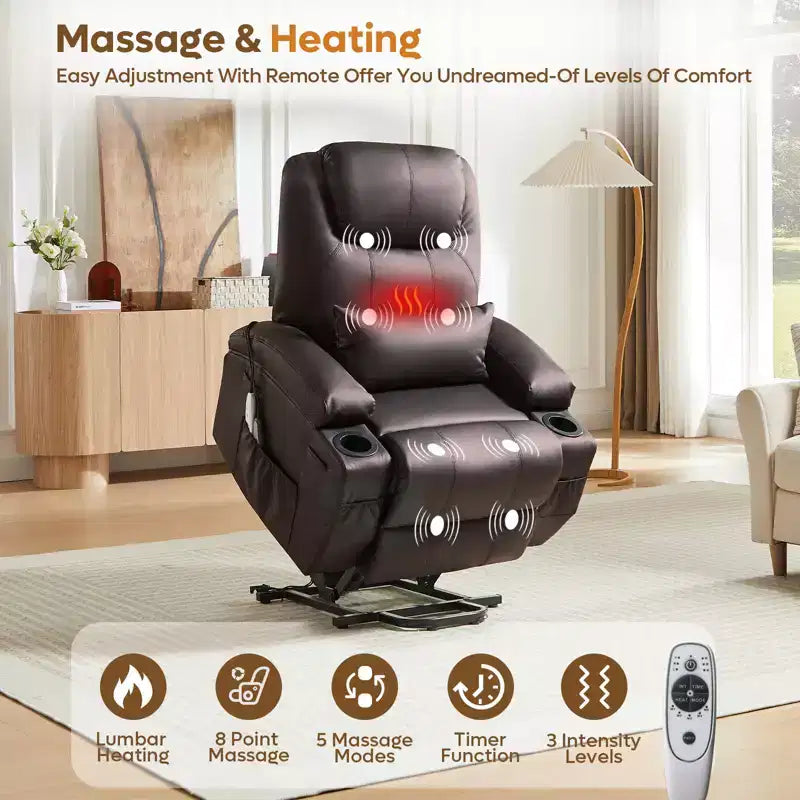 Bestier 34,6-Zoll-Elektrischer Aufstehsessel mit Massage und Wärmefunktion, Liegesessel aus Kunstleder mit Seitentaschen und Getränkehaltern