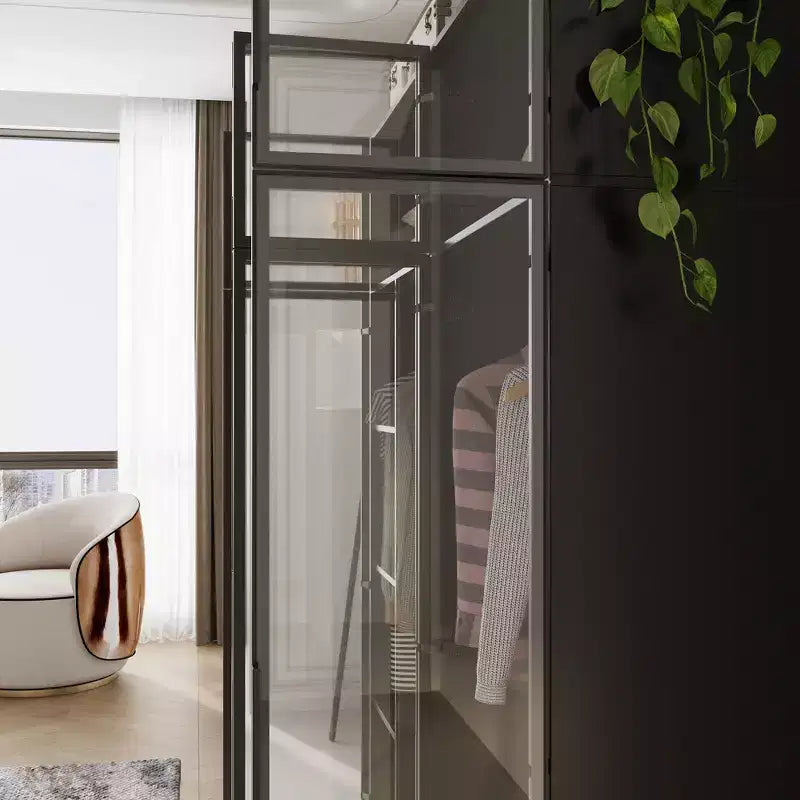 Roupeiro de luxo Pure preto da Hitow, com portas de vidro temperado, luzes LED de 3 cores, organizador de quarto do chão ao teto, closet e vestiário
