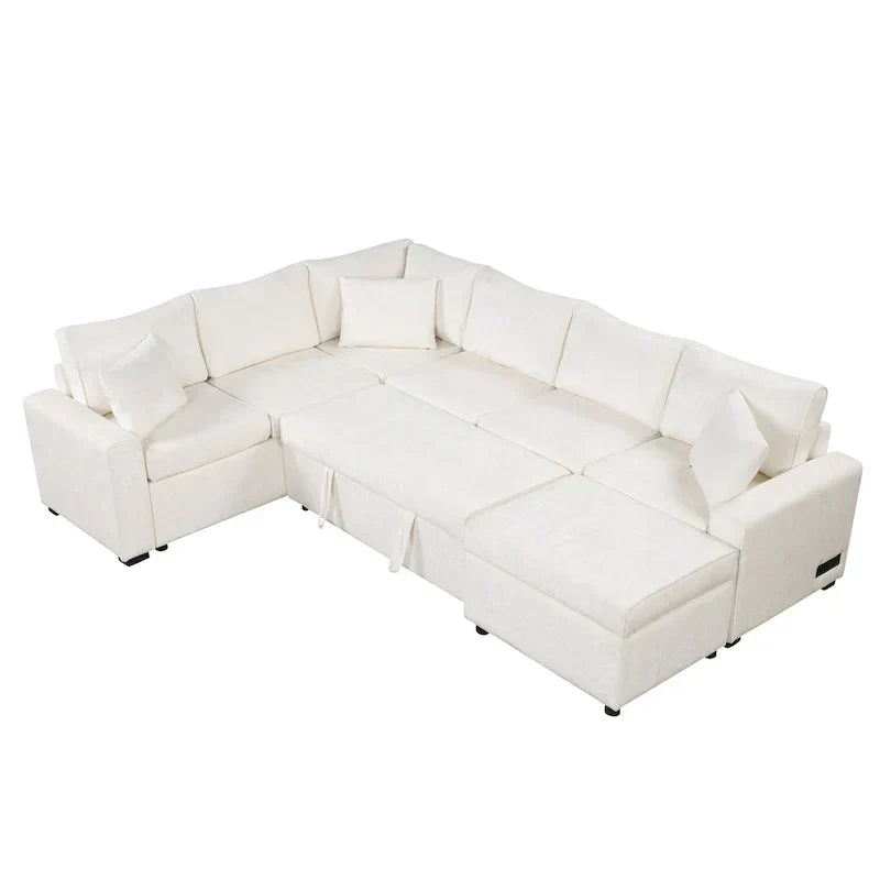 Ecksofa aus Chenille, ausziehbares Schlafsofa in L-Form mit Aufbewahrungshocker, 3 Kissen und Ladegeräten