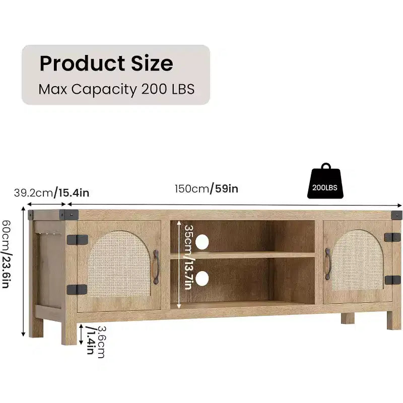 165 cm brede tv-meubel in bohemienstijl met rieten deur - houten entertainmentcentrum met twee kasten en verstelbare planken, geschikt voor woonkamers