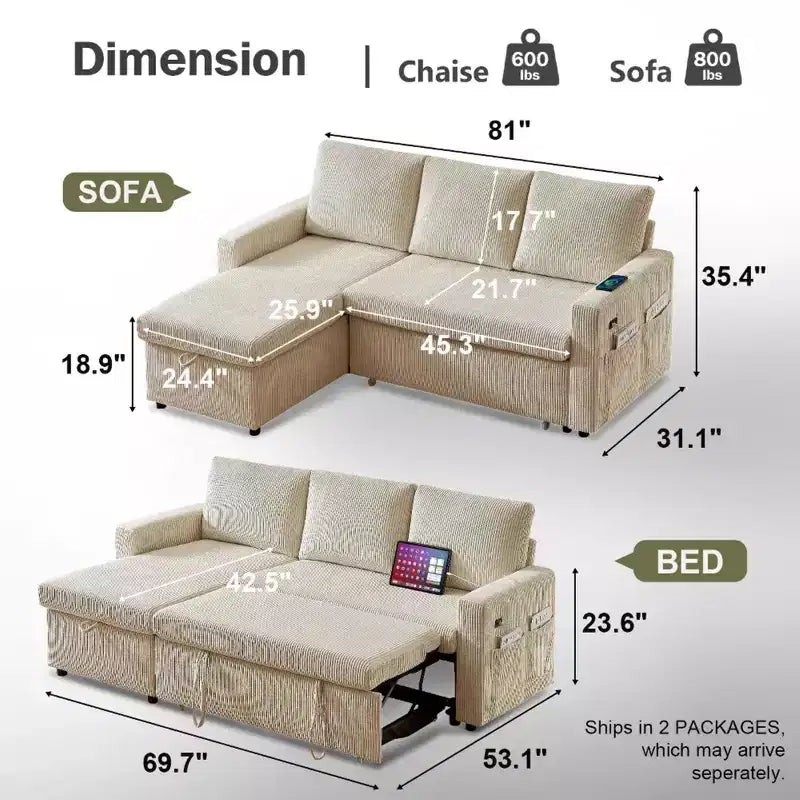 Dyonery Rozkładana sofa 2 w 1 z szezlongiem z pojemnikiem na pościel, sztruksowy narożnik z portami USB do salonu