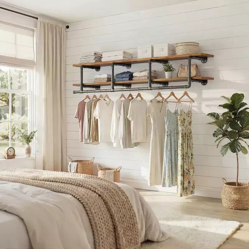 Besiost kledingrek met 2 niveaus, hangroede, kledingplanken en bovenplank