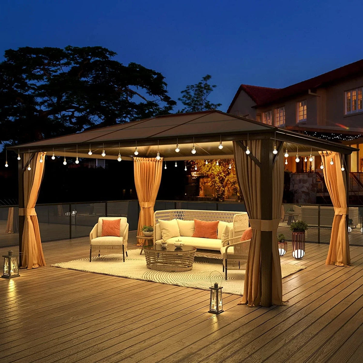 EROMMY prieel met hard dak, pergola voor buiten met dubbel dak, netten en gordijnen, robuuste overkapping voor terras, achtertuin en zwembadfeestjes