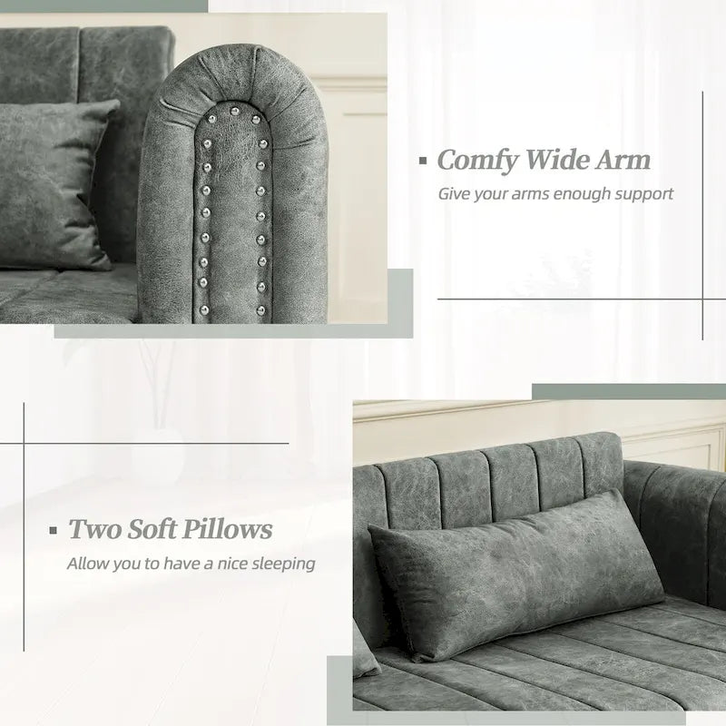 Aksamitna tapicerowana nowoczesna sofa wypoczynkowa z funkcją spania, rozkładana, z podłokietnikami w kształcie wałków i ozdobiona miedzianymi ćwiekami